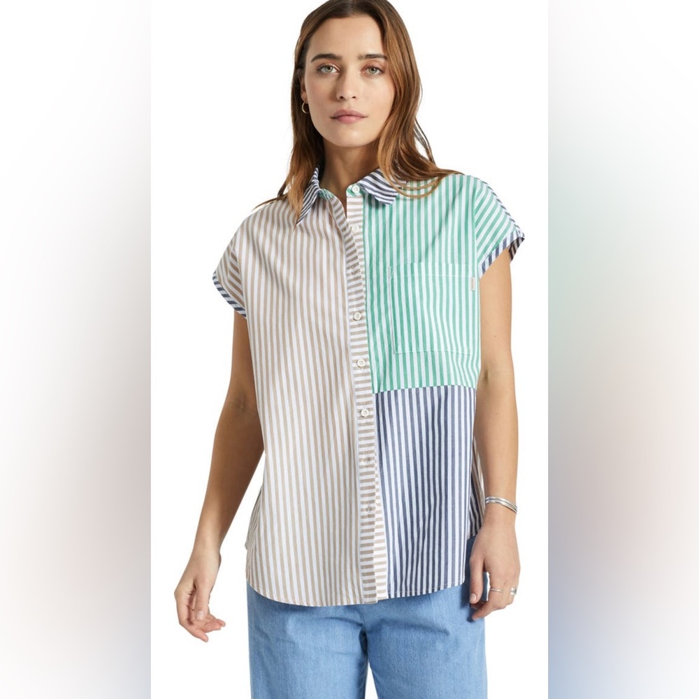 Brixton Mixed Stripe Button-Down Shirt in Mint, Beige & Navy